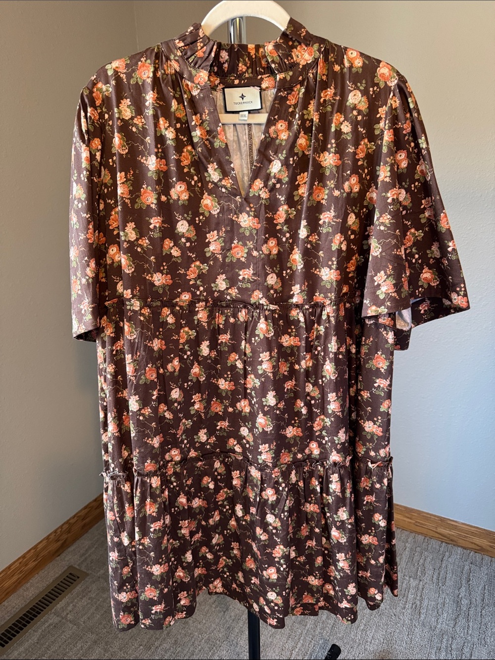 Tuckernuck Brown Floral V-Neck Dress with Peach Blooms